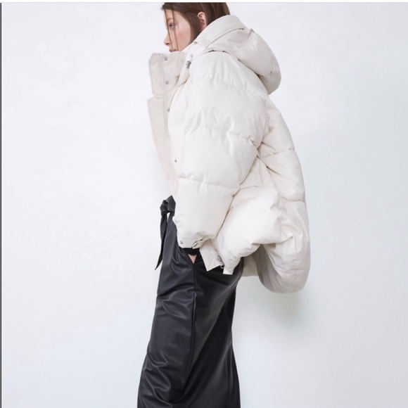 Zara oversized hooded ecru cream neutral puffer jacket Parka pocket size XS NWT - Picture 3 of 16